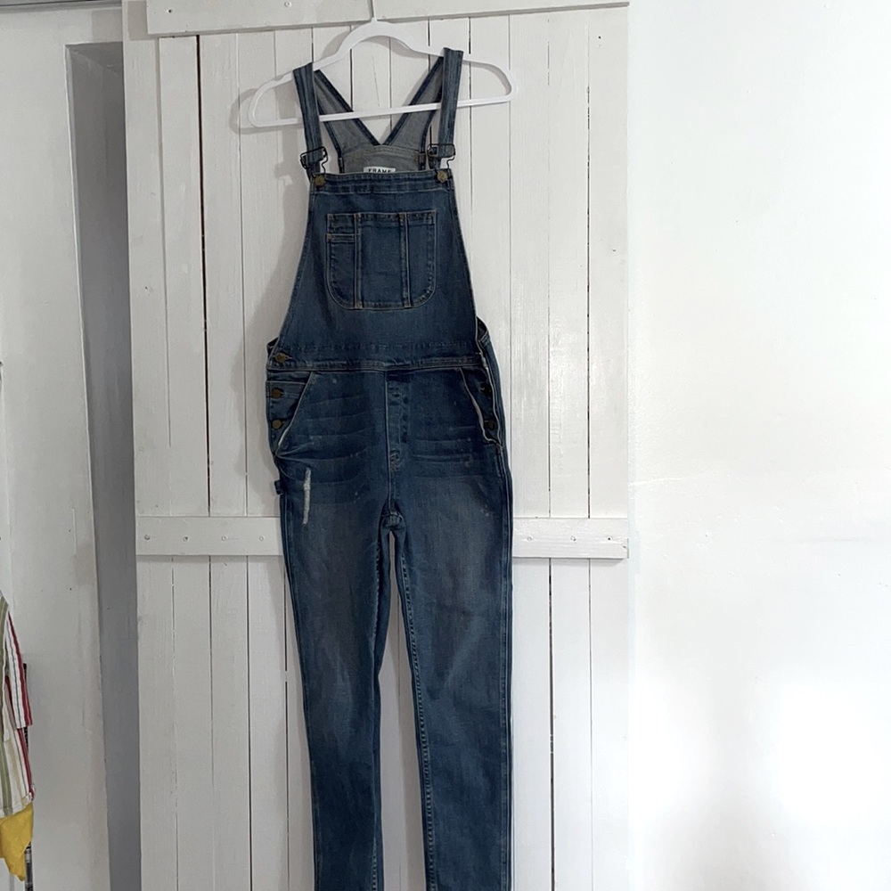FRAME DENIM OVERALLS sz S distressed at pockets.